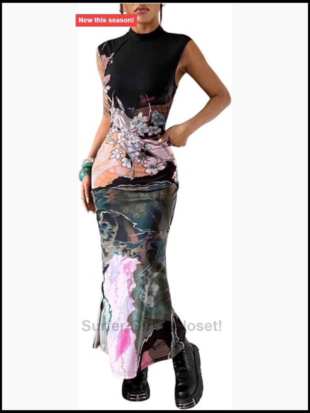 Floral Cheongsam Bodycon Dress Mock Neck Sleeveless Slit Back Fishtail Maxi